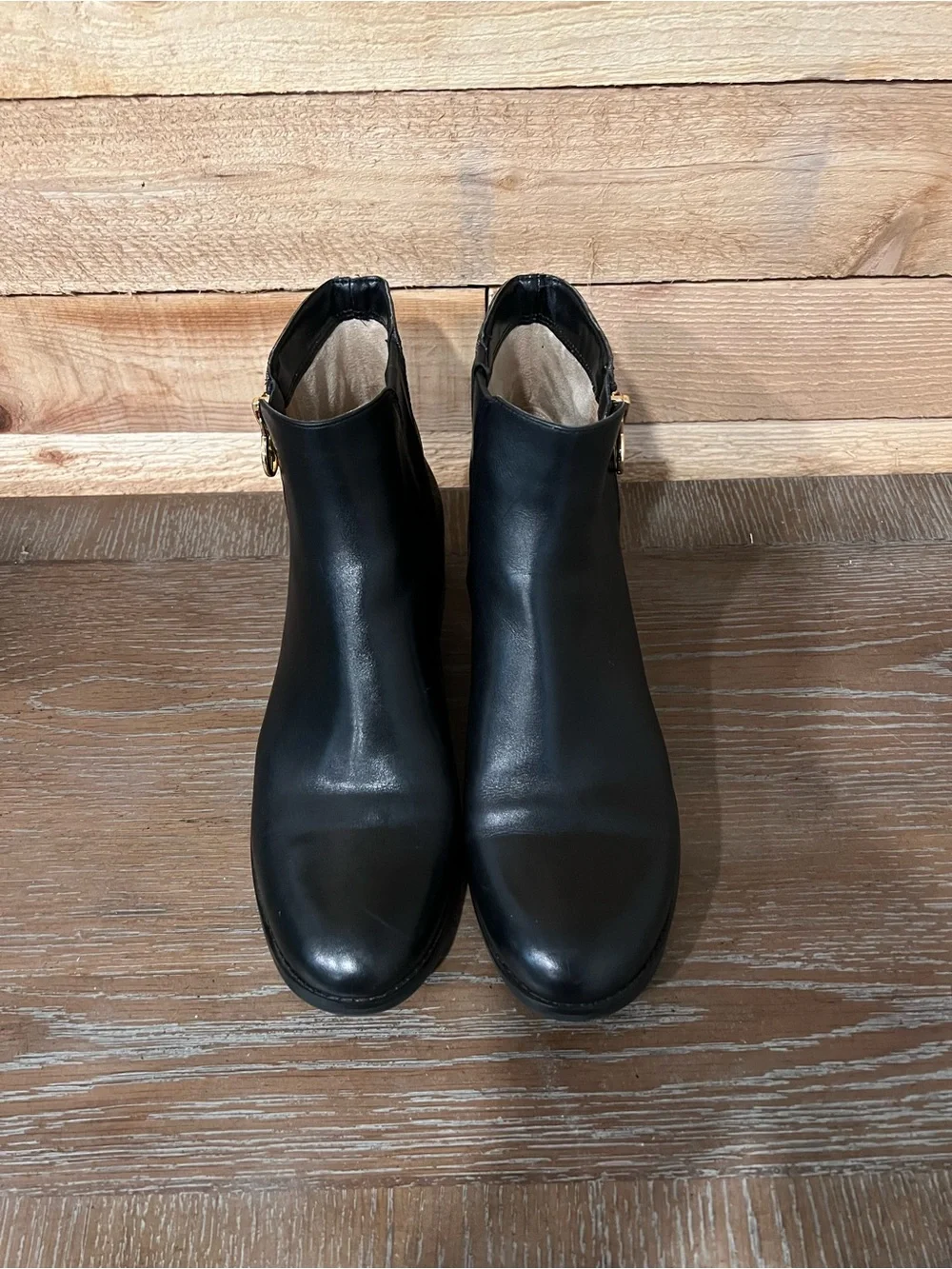 Michael Kors Lainey Black Leather & Brown Logo Zip Ankle Booties